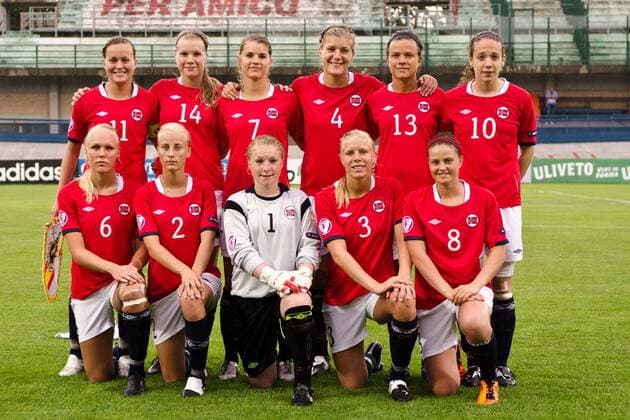 U-19 Norway team group line-up (NOR), JUNE 5th, 2011 - Football : Norway team group (L-R) Kristine Hegland, Ada Hegerberg, Andrine Hegerberg, Maren Knudsen, Cathrine Dekkerhus, Melissa Bjanesoy, front; Maria Thorisdottir, Anja Sonstevold, Ane Fimreite, Ingrid Sondena, Ina Skaug before the UEFA Women s Under 19 Championship Group B match at Tullio Morganti stadium in Forli (ptmb017710)