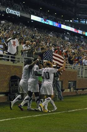 June 7, 2011 - Detroit, MI United States forward Jozy Altidore (17) gets congratulations from his teammates after scoring the first goal of the game as the celebrate with the fans in the first half of the CONCACAF Gold Cup First Round game on Tuesday evening at Ford Field, Detroit, Michigan. USA v Canada SOCCER: JUN 07 CONCACAF Gold Cup - First Round - USA v Canada Icon2581106070019 EDITORIAL USE ONLY