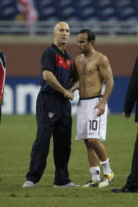 June 7, 2011 - Detroit, Michigan, U.S - USA head coach Bob Bradley shakes the hand of USA midfielder Landon Donovan (10) after the game against Canada at Ford Field. USA defeated Canada 2-0. Soccer: 2011 CONCACAF Gold Cup - June 7 - USA vs Canada - ZUMAx33
