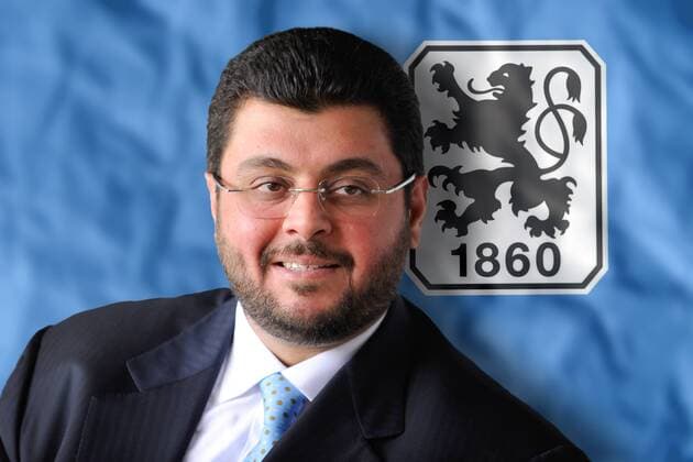 Hasan ISMAIK, Investor beim TSV 1860 Muenchen,Portraet,vor Vereinswappen,Pressekonferenz TSV 1860 München - Vorstellung des neuen Investors. FOTOMONTAGE! Fussball,Liga2.2.Liga,2.Bundesliga.Pressetermin,07.06.2011.