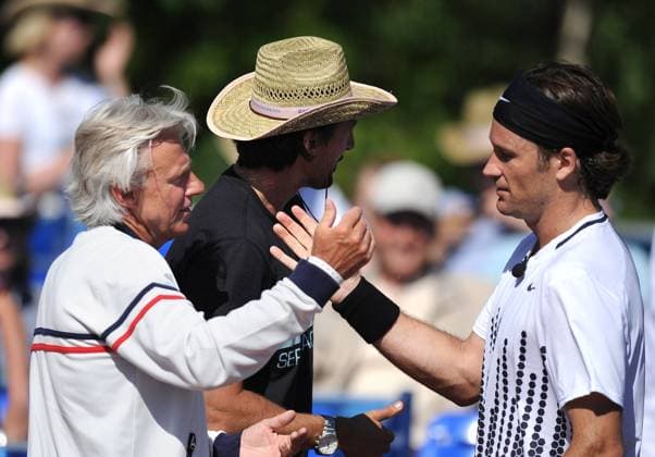 ITAR-TASS: MOSCOW, RUSSIA. JUNE 13, 2011. Swedenâ€™s Bjorn Rune Borg, Croatia s Goran Ivanishevic, Carlos Moya Llompart of Spain (L-R) seen at the Tennis Legends in Moscow tournament.  RE0E89C8