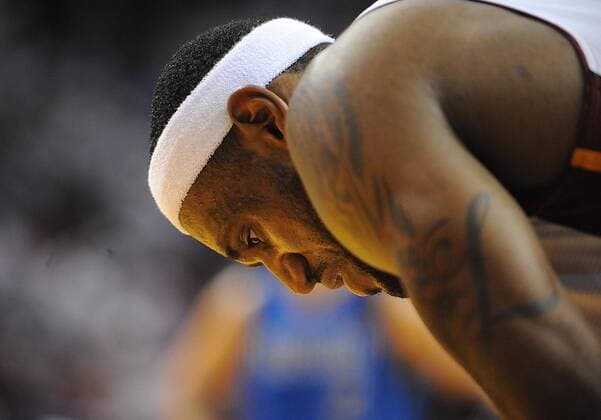 June 12, 2011 - Miami, FL - Florida, USA - . LeBron Le Bron James holds his head down as the end nears. Game 6 of the NBA Basketball Herren USA Finals between the Miami Heat and the Dallas Mavericks at the AmericanAirlines Arena in Miami, Fl. S-S1106122310248993 NBA Basketball Herren USA finals, heat, miami, dallas, mavericks - ZUMAss5