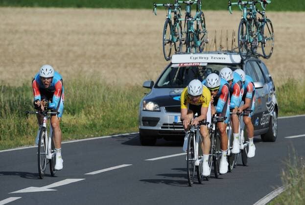 14.06.2011 Streufdorf 36.Thüringen -Rundfahrt 2.Etappe - Mannschaftszeitfahren über 22km Sieger die Mannschaft JAI Team Jayco-AIS mit dem Gesamtf. Jay Mc Carthy in Gelb ( alle AUS) Aktion quer