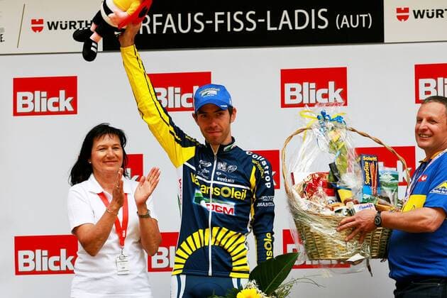 Thomas DE GENDT ( BEL Vacansoleil - DCM Pro Cycling Team ) gewinnt die letzte Bergetappe der Tour de Suisse - Podium - Siegerehrung - Event: Tour de Suisse - Tour of Switzerland 2011 - 7. Etappe - Vaduz (FL) nach Serfaus Fiss Ladis 222.8 km - Location: Serfaus Fiss Ladis - Osttirol - Österreich - Europa - Datum: 17.06.2011 - Contact