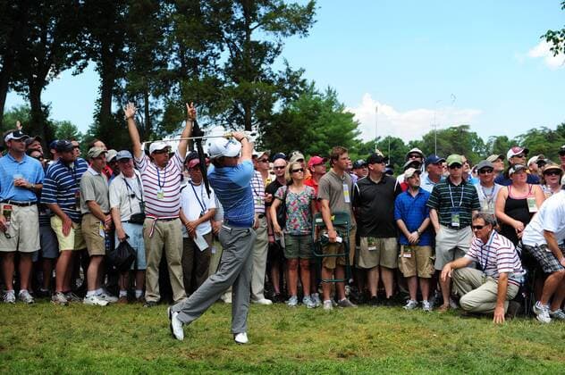 June 17, 2011 - Rory McIlroy hits out of the left rough as the gallery watches at hole eighteen during second round play at the US Open Championship at Congressional Country Club in Potomac, MD. Golf 2011: US Open JUN 17 - ZUMAcjm