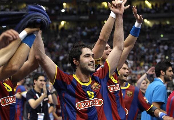 Barcelona s Raul ENTRERRIOS and team celebrate the victory during the final match of the Champions League between FC Barcelona and Ciudad Real, Lanxessarena in Köln on May 29., 2011.