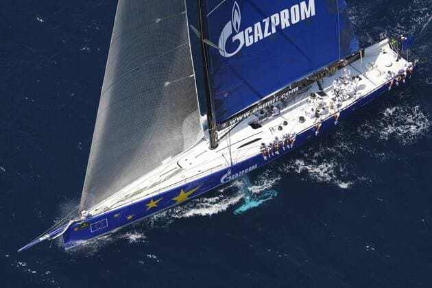 22.06.2011. Giraglia Rolex Cup Yacht Race 59th Edition St Tropez-Genoa Race Start ESIMIT EUROPA 2, sail number: Slo 1001, Owner: ESIMIT EUROPA 2 , Boat Type: R&amp;P custom yacht xCarloxBorlenghix  ActionPlus11185997 o0 Gazprom, Sponsor, Werbepartner, Werbung, Wirtschaft,