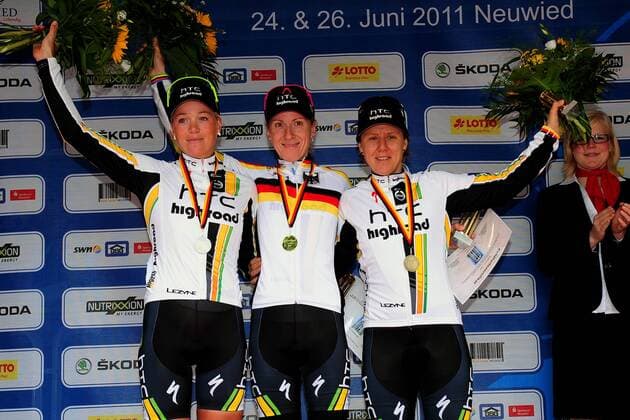 Podium - v.l.n.r. - 2. Charlotte BECKER ( GER Team HTC - High Road ) - 1. Judith ARNDT ( GER Team HTC - High Road ) - 3. Ina Yoko TEUTENBERG ( GER Team HTC - High Road ) - Event: Nationale Deutsche Meisterschaften - Einzelzeitfahren - Frauen 2011 - Location: Neuwied - Deutschland - Europa - Datum: 24.06.2011 - Contact