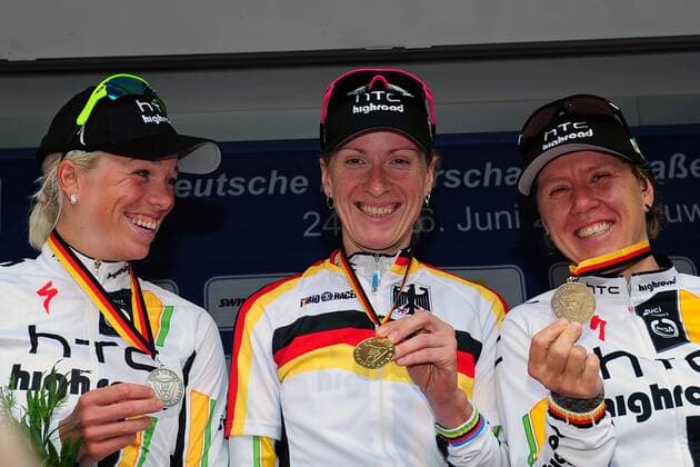 Podium - v.l.n.r. - 2. Charlotte BECKER ( GER Team HTC - High Road ) - 1. Judith ARNDT ( GER Team HTC - High Road ) - 3. Ina Yoko TEUTENBERG ( GER Team HTC - High Road ) - Event: Nationale Deutsche Meisterschaften - Einzelzeitfahren - Frauen 2011 - Location: Neuwied - Deutschland - Europa - Datum: 24.06.2011 - Contact