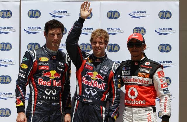 25.06.2011- Qualifying, Sebastian Vettel (GER), Red Bull Racing, RB7 pole position, Mark Webber (AUS), Red Bull Racing, RB7 2nd position and Lewis Hamilton (GBR), McLaren Mercedes, MP4-26 3rd position European Grand Prix, Valencia 2011 