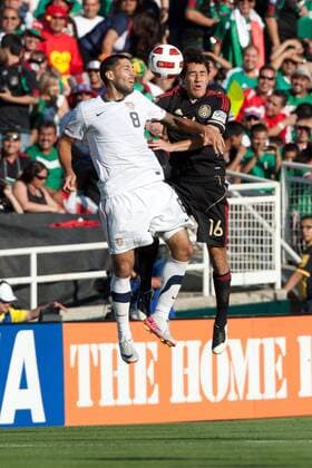 June 25, 2011 - Pasadena, California, U.S - United States midfielder Clint Dempsey 8 (L) and Mexico midfielder Efrain Juarez 16 (R) fight for a header during the 2011 CONCACAF Gold Cup championship game between United States and Mexico at a sold out Rose Bowl. Mexico went on to defeat United States with a final score of 4-2. Gold Cup 2011 final - Jun 25 - United States vs Mexico  - ZUMAx72