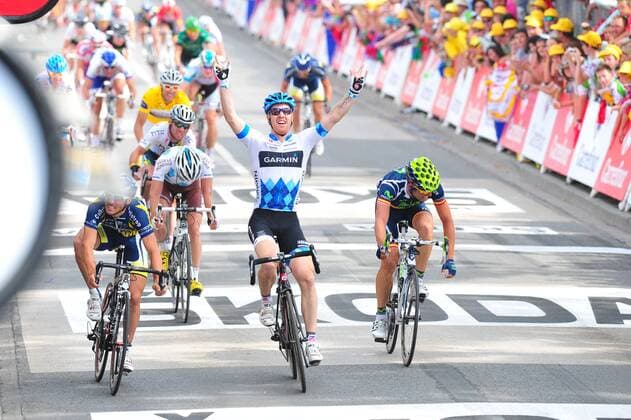 Tour de France 2011, 3.Etappe: Olonne sur Mer - Redon; Tyler Farrar (USA Garmin Cervelo, Mitte) gewinnt die 3. Etappe der Tour de France 2011 vor Romain Feillu (FRA Vacansoleil DCM) und Jose Joaquin Rojas Gil (ESP Moviestar, re.)  o0 Ziel Etappensieg