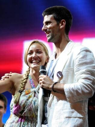 04.07.2011 Belgrade(Serbia) Novak Djokovic(r) with his girlfriend Jelena Ristic(L) during celebration of Wimbledon championships trophy in front of Serbian parliament :  o0 Familie Privat Spielerfrau Frau