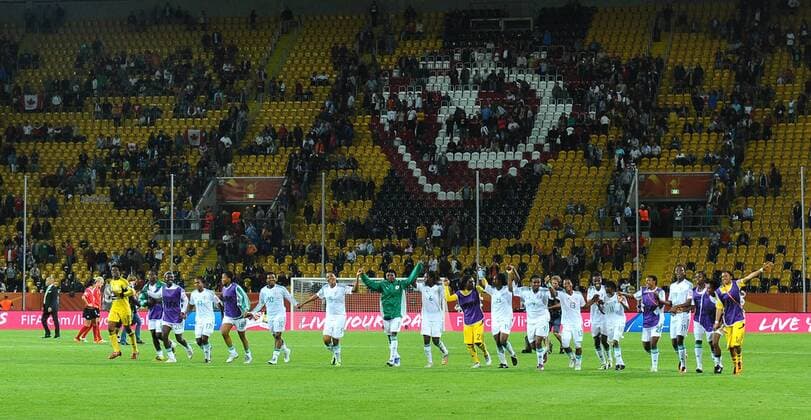 Schlussjubel Nigeria, Kanada gegen Nigeria, FIFA Women s World Cup Germany, Frauenfußballweltmeisterschaft, Frauenfußball, Frauenfussball, WM, Weltmeisterschaft, Rudolf-Harbig-Stadion Dresden, 05.07.2011