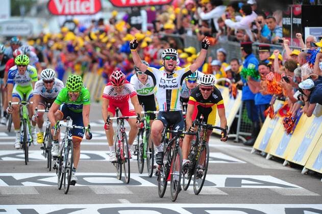 2011, Tour de France, tappa 05 Carhaix - Cap Frehel, Htc - High Road 2011, Omega Pharma-Lotto 2011, Movistar 2011, Etappensieger Mark Cavendish (2R) vor Philippe Gilbert (R) und Jose Joaquin Rojas Gil 