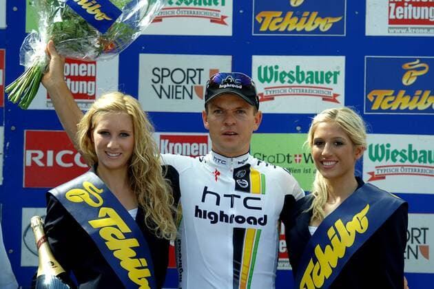 Bert GRABSCH ( GER Team HTC - Highroad ) gewinnt das Zeitfahren - Siegerehrung - Podium - Event: Österreich - Österreich Rundfahrt 2011 - 7.Etappe: Podersdorf am Neusiedler See - Einzelzeitfahren 30.1 km - Location: Podersdorf - Österreich - Europa - Datum: 09.07.2011 - Contact