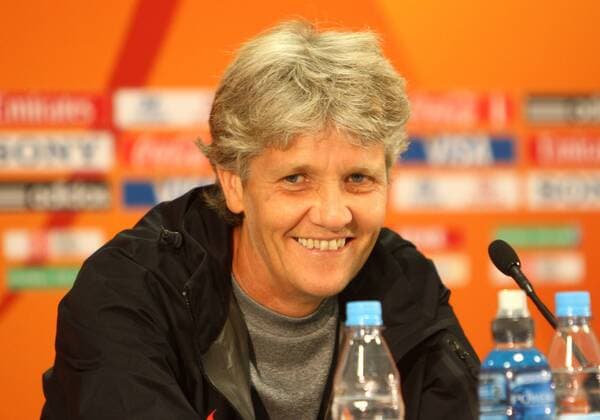JULY 16 2011: Coach Pia Sundhage of USA at a press conference prior to the FIFA Women s World Cup final against Japan at FIFA World Cup stadium, Frankfurt, Germany SOCCER: JUL 16 Women s World Cup - USA Practice and Press Conference Icon2551107163262 EDITORIAL USE ONLY