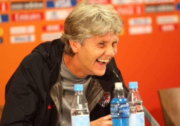 JULY 16 2011: Coach Pia Sundhage of USA laughs at a joke at a press conference prior to the FIFA Women s World Cup final against Japan at FIFA World Cup stadium, Frankfurt, Germany SOCCER: JUL 16 Women s World Cup - USA Practice and Press Conference Icon165835 EDITORIAL USE ONLY