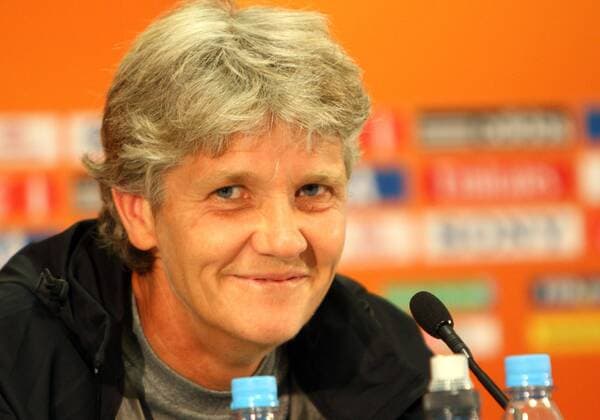 JULY 16 2011: Coach Pia Sundhage of USA at a press conference prior to the FIFA Women s World Cup final against Japan at FIFA World Cup stadium, Frankfurt, Germany SOCCER: JUL 16 Women s World Cup - USA Practice and Press Conference Icon165836 EDITORIAL USE ONLY