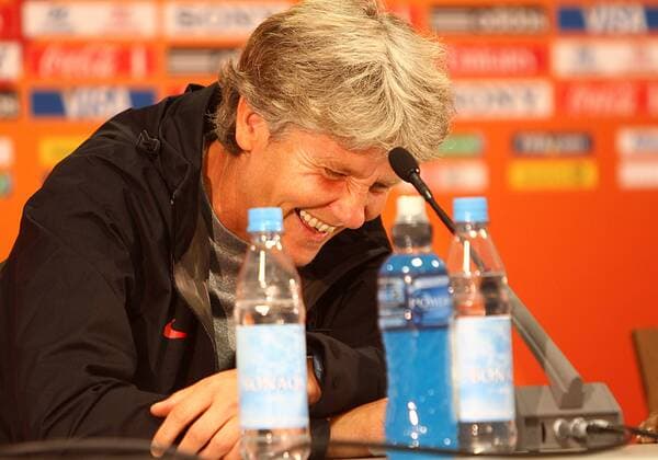 JULY 16 2011: Coach Pia Sundhage of USA enjoys a joke at a press conference prior to the FIFA Women s World Cup final against Japan at FIFA World Cup stadium, Frankfurt, Germany SOCCER: JUL 16 Women s World Cup - USA Practice and Press Conference Icon165837 EDITORIAL USE ONLY