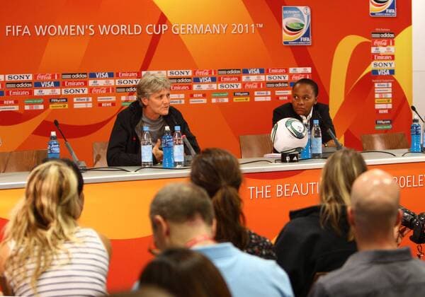JULY 16 2011: Coach Pia Sundhage of USA at a press conference prior to the FIFA Women s World Cup final against Japan at FIFA World Cup stadium, Frankfurt, Germany SOCCER: JUL 16 Women s World Cup - USA Practice and Press Conference Icon2551107163241 o0 Länderspiel EDITORIAL USE ONLY