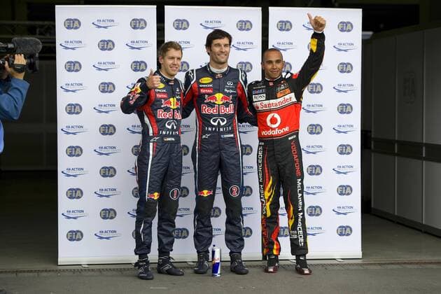 3. Platz fuer Sebastian VETTEL (GER), Red Bull Racing, 1.Platz fuer Mark WEBBER (AUS), Red Bull Racing, 3.Platz fuer Lewis HAMILTON (GBR), MCLaren Mercedes, Qualifikation, Quali, Bestplatzierte, beste, ganze Figur, Qualifying am 23.07.2011 Formel 1, Grosser Preis von Deutschland am Nuerburgring vom 21.7. - 24.07. 2011, Saison2011,