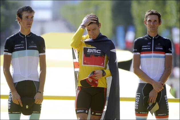 Gesamtsieger Cadel EVANS (BMC RACING TEAM - AUS) - Gesamtzweiter Andy SCHLECK (TEAM LEOPARD-TREK - LUX) - Gesamtdritter Fränk SCHLECK (TEAM LEOPARD-TREK - LUX) --- Tour De France, 21. Etappe: Creteil - Paris Champs Elysees  o0 Sieg gelbes Trikot kurios