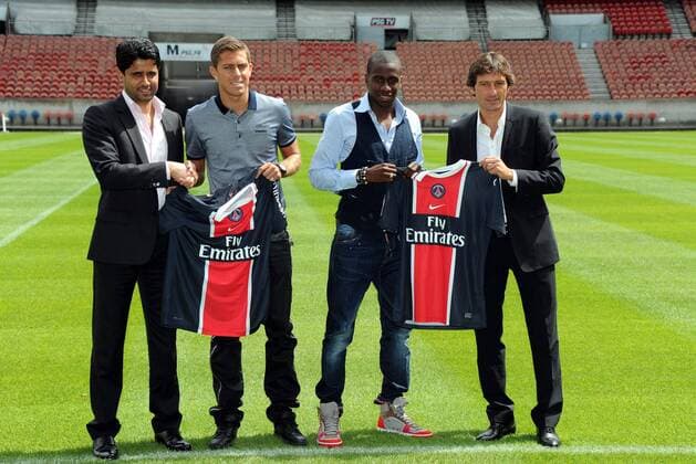 Nasser Al Khelaifi (representant de QSI et president du conseil de surveillance) - Jeremy Menez - Blaise Matuidi et Leonardo ( Manager General du PSG ) - Paris Saint Germain (PSG) - Conference de presse - 25.07.2011 - xABibardxFEPx 