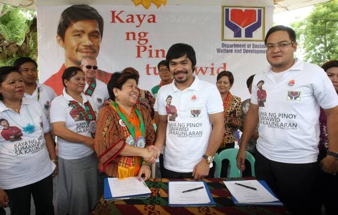Jul 28, 2011 - Malapatan, Philippines - Congressman, Filipino eight-division world champion boxing hero MANNY PACQUIAO is seen along with state officials as he endorses the country s anti-poverty programs in the township of Malapatan in the southern Philippine province of Sarangani. Filipino Boxing Icon Joins Fight Vs. Poverty - ZUMAmt8 o0 Sozialengagement Charity privat