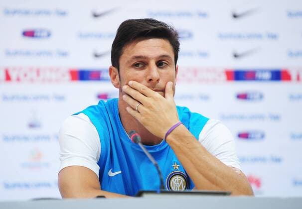 Javier Zanetti of Inter Milan talks to the media at a press conference ahead of team s training session at China National Stadium, also known as the Bird s Nest , on August 4, 2011 in Beijing  CFP419997828 