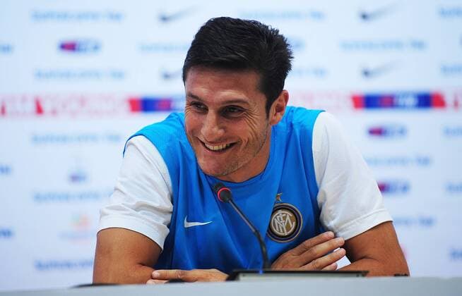 Javier Zanetti of Inter Milan talks to the media at a press conference ahead of team s training session at China National Stadium, also known as the Bird s Nest , on August 4, 2011 in Beijing  CFP419997832 