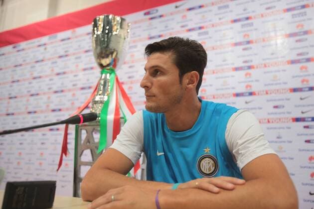 Javier Zanetti of Inter Milan talks to the media at a press conference ahead of team s training session at China National Stadium, also known as the Bird s Nest , on August 4, 2011 in Beijing  CFP419997835 