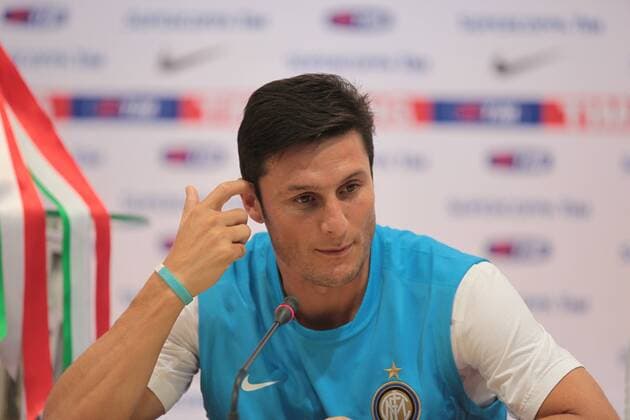 Javier Zanetti of Inter Milan talks to the media at a press conference ahead of team s training session at China National Stadium, also known as the Bird s Nest , on August 4, 2011 in Beijing  CFP419997838 