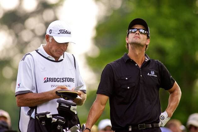 Aug. 7, 2011 - Akron, Ohio, U.S - Adam Scott, right, checks the wind as he caddie Steve Williams checks the scorecard on the 15th tee during the final round of the Bridgestone Invitational at Firestone Country Club, Akron, Oh. PGA Golf Herren 2011 - Aug 7 - Bridgestone Invitational - ZUMAx09