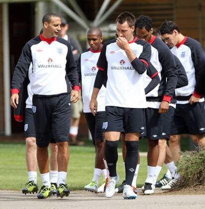 Englands Rio Ferdinand and John Terry during training - England 9th August, 2011 EDITORIAL USE ONLY. No use with unauthorised audio, video, data, fixture lists, club league logos or live services. Online in-match use limited to 120 images, no video emulation. No use in betting, games or single club league player publications.