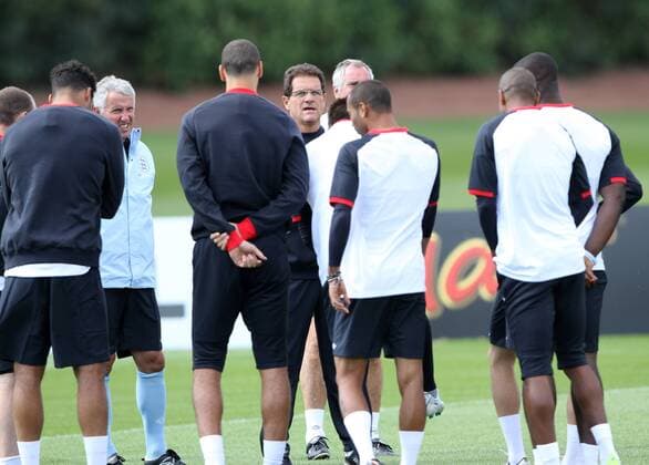 Englands Fabio Capello during training - England 9th August, 2011 EDITORIAL USE ONLY. No use with unauthorised audio, video, data, fixture lists, club league logos or live services. Online in-match use limited to 120 images, no video emulation. No use in betting, games or single club league player publications.