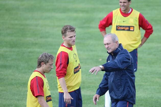 09.08.2011 LEGNICA-STADION (POLISH NATIONAL FOOTBALL TEAM PRACTISE; TRAINING CAMP BEFORE INTERNATIONAL FRIENDLY GAME) - RAFAL MURAWSKI (L), EUGEN POLANSKI, FRANCISZEK SMUDA - TRENER, HEAD COACH, GRZEGORZ WOJTKOWIAK (P) -  20110809CSLG0005
