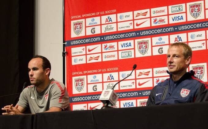 Aug. 9, 2011 - Philadelphia, PA, USA - uS National Team player, LANDON DONOVAN, and coach JURGEN KLINSMANN hold a press conference the day before the US Mens National Team plays Mexico in a friendly match at Lincoln Financial Field in Philadelphia Pa. 2011 Soccer US Mens National Team Press Conference - ZUMArf1