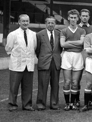 L to R. TED DALTON (PHYSIO) JIMMY MURPHY (ASST.MANAGER) BARRY SMITH (Who never played a 1st team game for the club) MANCHESTER UNITED 1958 59 