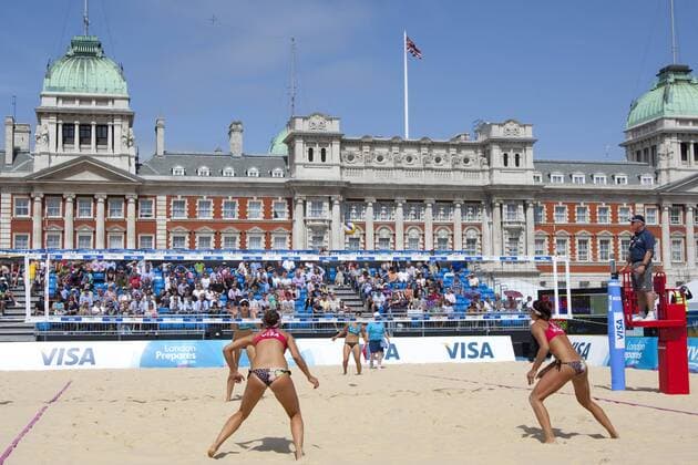 10.08.2011 Heather Bansley &amp; Elizabeth Maloney (CAN) vs Alejandra Simon &amp; Andrea Garcia Gonzalo (ESP) during the FIVB International Beach Volleyball tournament, part of the London prepares (LOCOG) 2012 Olympic test events held at Horse Guards Parade, Westminster, London. xMitchellxGunnx  ActionPlus11200071 Content restricted for UK based newspaper