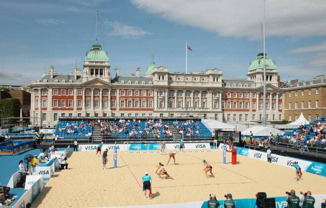 Members of the USA beach volleyball team in action against Brazil in the Visa FIVB Beach Volleyball International test event in London s Horseguard s parade on Wednesday August 10 2011.  LON2011081001 o00 2012