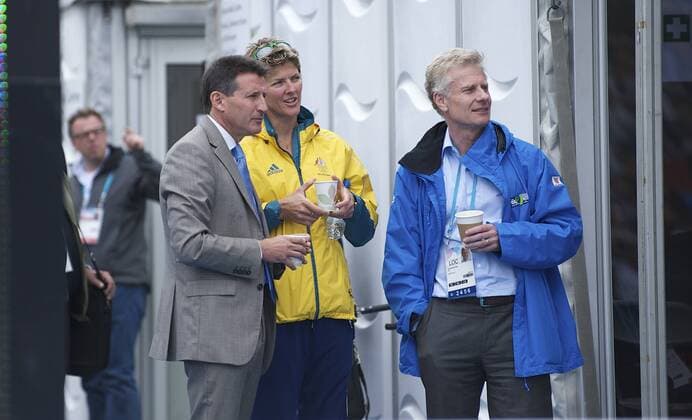 11.08.2011. London, England. LOCOG Test Events for London 2012 Olympic Games. LOCOG Chairman Sebastian Coe was on hand to watch fellow Olympic champion Natalie Cook advance to the knockout rounds of the London 2012 test event during the VISA FIVB Beach Volleyball International at Horse Guards Parade on August 11, 2011 in London, England. xMichaelxPalerx  ActionPlus11200484 Content restricted for UK based newspaper