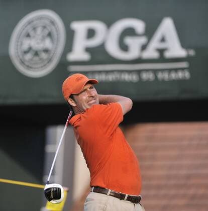 Jose Maria Olzabal of Spain hits his tee shot on the 1st hole during the second round of the 93rd PGA Golf Herren Championship at the Atlanta Athletic Club on August 12, 2011 in Johns Creek, Georgia.  BKX2011081220