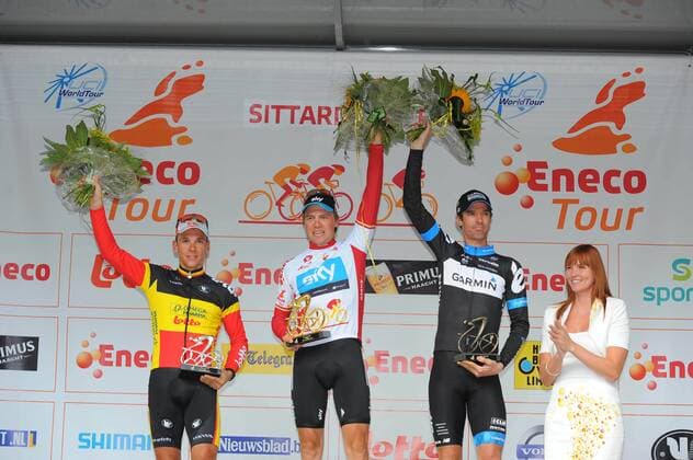 Eneco Tour 2011 - 6. Etappe: Sittard - Sittard; Team Sky 2011, Omega Pharma-Lotto 2011, Garmin - Cervelo 2011, Etappensieger Edvald Boasson (C), Philippe Gilbert (L) and David Millar - 