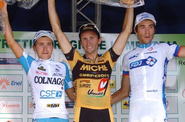 Siegerehrung Tre Valli Varesine 2011, v.li. Domenico Pozzovivo (Colnago Csf Inox), Sieger Davide Rebellin (Miche), Thibaut Pinot (La Francaise des Jeux), Campione d Italia  o0 Jubel Freude