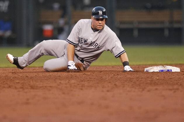 August 16, 2011: Russell Martin 55 of New York slides into second during the MLB Baseball Herren USA game between the New York Yankees and the Kansas City Royals at Kauffman Stadium in Kansas City MO MLB Baseball Herren USA 2011: Yankees vs Royals AUG 16 - ZUMAc04