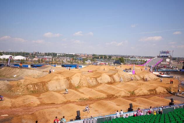 London, England, General view of Velopark during the first day of competition of the London Prepares Series - UCI BMX Supercross World Championships -- - ZUMAz79 Kurs Rennstrecke Streckenabschnitt