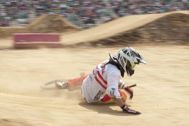 LONDON, ENGLAND. BMX Test Event, the UCI BMX Supercross World Cup from the Olympic Park in London, part of the London Prepares Series. A competitor lands heavily during the Men s Free Practice. xRoganxThomsonx  ActionPlus11202110 Content restricted for UK based newspaper