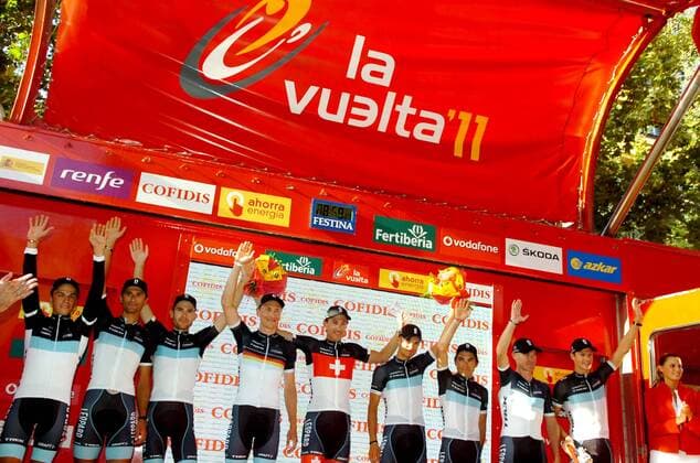 2011, Vuelta a Espana, tappa 01 Benidorm - Benidorm, Leopard - Trek 2011, Fabian Cancellara (hi., 5.v.li.), Robert Wagner (hi., 4.v.li.) - 