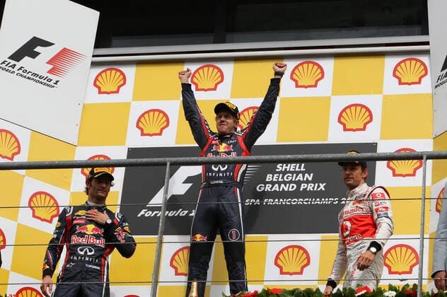 Formel 1 GP, Belgien in Spa, 28.08.2011; Sebastian Vettel, Sieg, vor Mark Webber, Red Bull Racing, Jenson Button, McLaren Mercedes, o0 Siegerehrung Sieg, Sieger